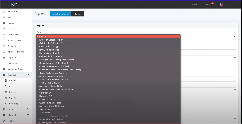 Report types available in 3cx management console - telecloud 
