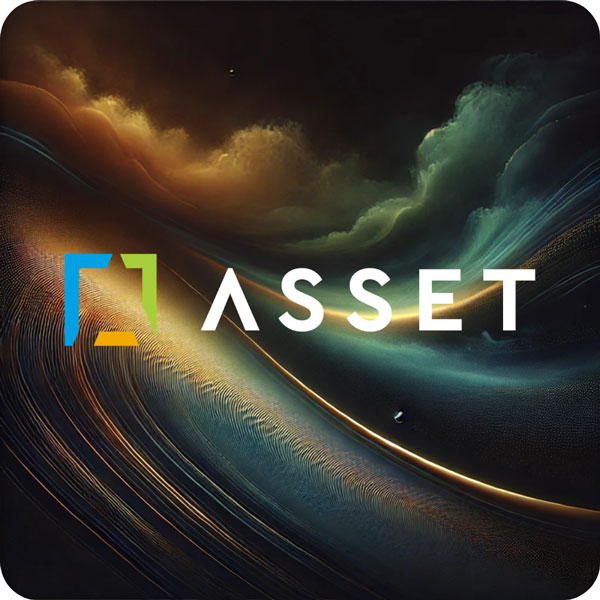 The word "ASSET" in white text, with a stylized blue, green, and yellow square logo to its left, superimposed over an abstract background of swirling golden, green, and dark blue tones that resemble cosmic clouds or flowing energy.