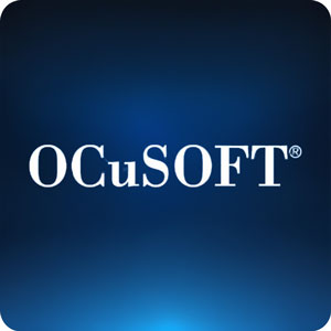 The OCuSOFT logo in white, stylized serif font, against a dark blue background with a subtle light glow at the bottom center. The 'C' and 'u' in "OCuSOFT" are slightly smaller and intertwined, and a registered trademark symbol appears at the upper right of the 'T'.
