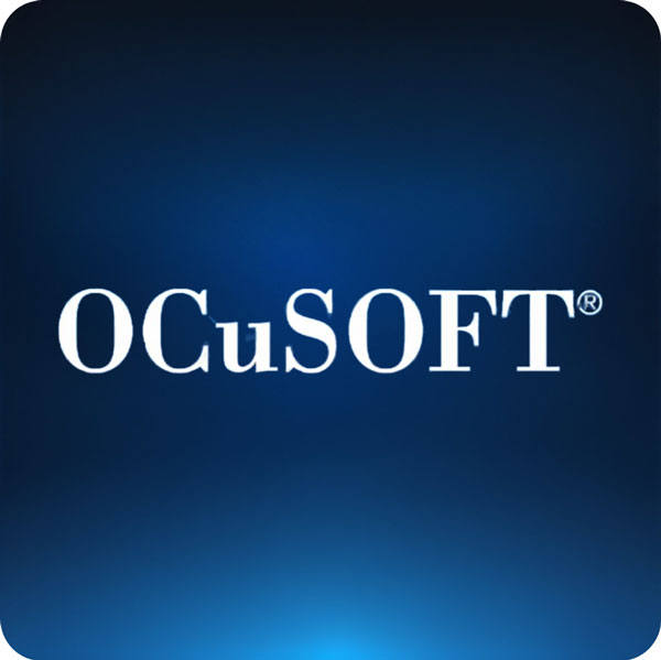 The OCuSOFT logo in white, stylized serif font, against a dark blue background with a subtle light glow at the bottom center. The 'C' and 'u' in "OCuSOFT" are slightly smaller and intertwined, and a registered trademark symbol appears at the upper right of the 'T'.