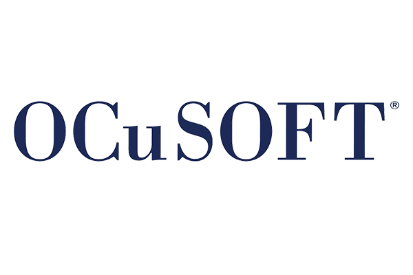 The word "OCuSOFT" in a dark blue serif font. The 'C' and 'u' are slightly smaller and intertwined, and a registered trademark symbol appears at the upper right of the 'T'. The logo is on a white or transparent background.