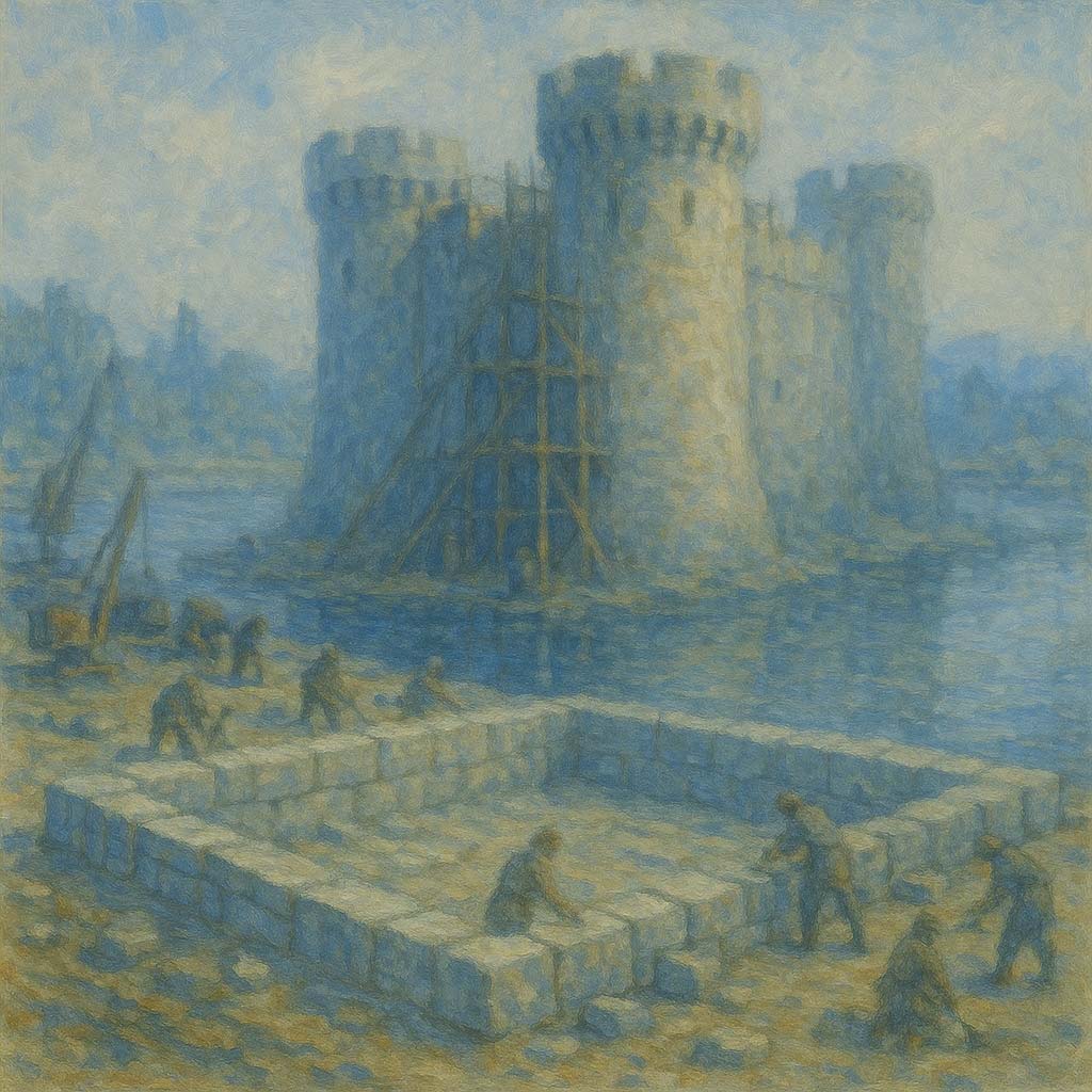An impressionistic painting depicting the construction of a large stone castle in a body of water. Several round towers of the castle are visible, with some scaffolding around them. In the foreground, on dry land, workers are laying large stone blocks to build a square foundation, with construction equipment visible in the background on the left. The scene is dominated by muted blue and earthy tones.