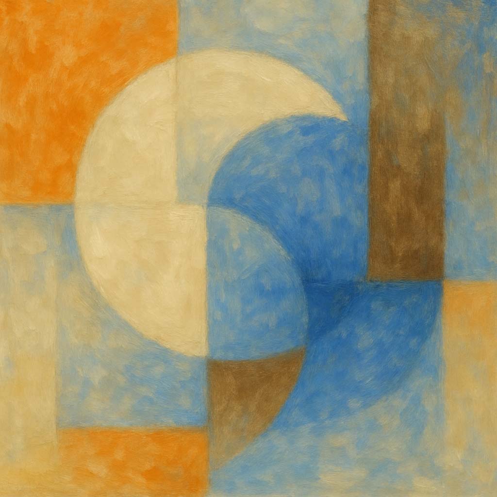 An abstract, geometric painting composed of square and rectangular blocks of color. A large white crescent shape curves from the top left towards the bottom center, and a large blue crescent shape curves from the top right towards the bottom center. The background features blocks of muted orange, light blue, and brown. The brushstrokes are visible, giving it a textured, painted feel.