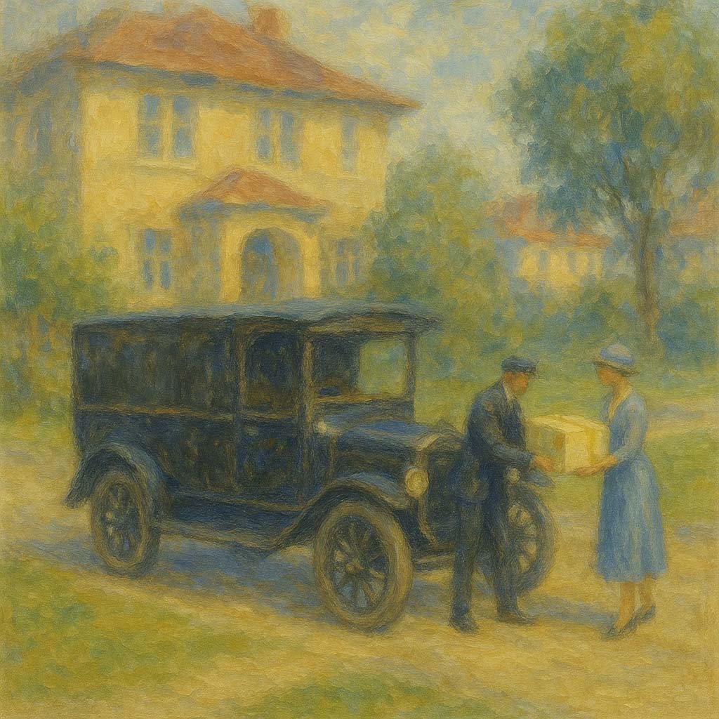 An impressionistic painting showing a man in a dark suit handing a light-colored package to a woman in a blue dress and hat, standing beside a dark, vintage delivery truck. In the background, a large yellow house with a red roof is visible among trees. The overall scene is rendered with soft, hazy brushstrokes in muted yellows, blues, and greens.