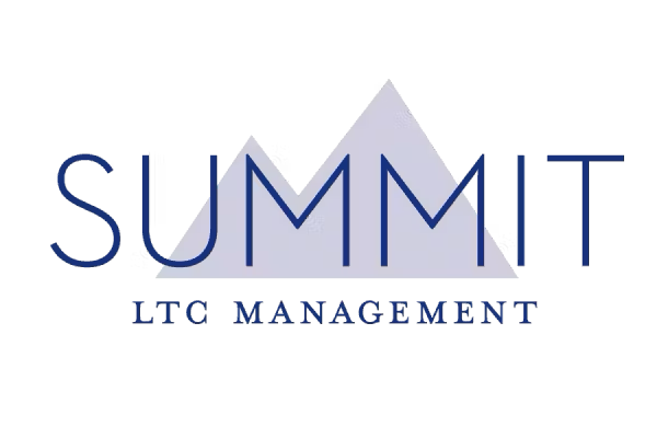 The word "SUMMIT" in dark blue uppercase letters. The "MM" is stylized to form a light gray mountain peak shape. Below, in a smaller dark blue font, are the words "LTC MANAGEMENT". The logo is on a transparent or black background.