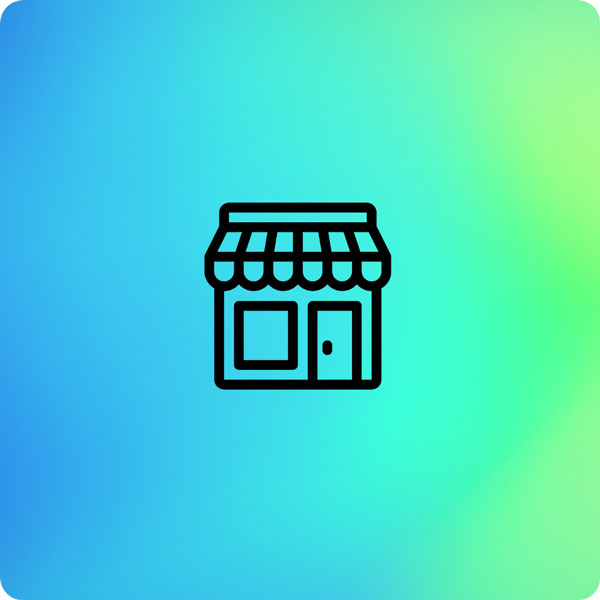 TeleCloud SMB - A black outline icon of a small storefront with an awning, window, and door, centered on a smooth gradient background that transitions from blue on the left to green on the right.