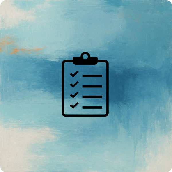 TeleCloud Full list of services - A black outline icon of a clipboard with a checklist on it, featuring four checkmarks on the left and lines on the right, centered against an abstract background of brushstrokes in varying shades of light blue, white, and hints of gold.
