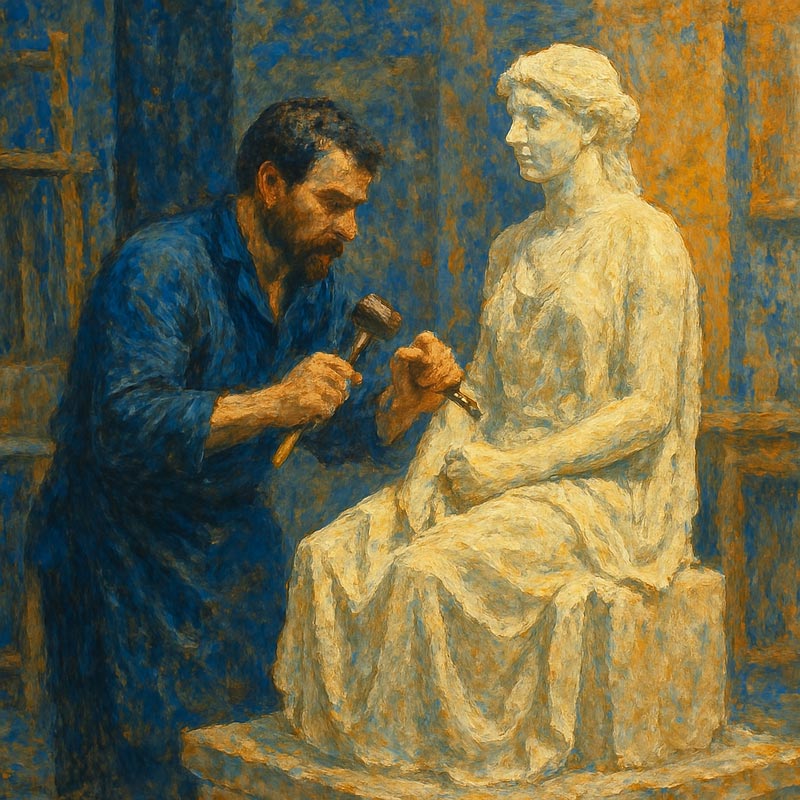 An impressionistic painting of a bearded sculptor in a blue smock working on a large, white stone statue of a seated woman. The sculptor holds a chisel and mallet, focusing intently on the statue's arm. The background is composed of abstract blue and orange brushstrokes, suggesting an art studio or workshop.