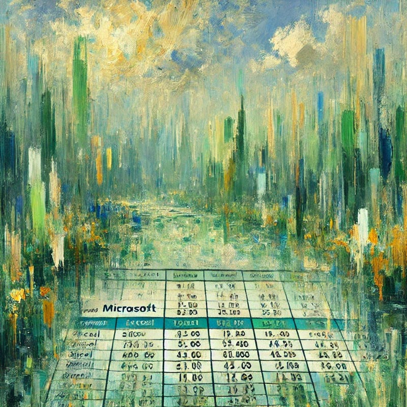 An impressionistic painting depicting a blurry, abstract cityscape with tall buildings in shades of green, blue, and gold under a cloudy sky. In the foreground, a large, gridded spreadsheet with numbers and the word "Microsoft" is visible, appearing to extend out from the city. The entire image has a textured, painterly quality.