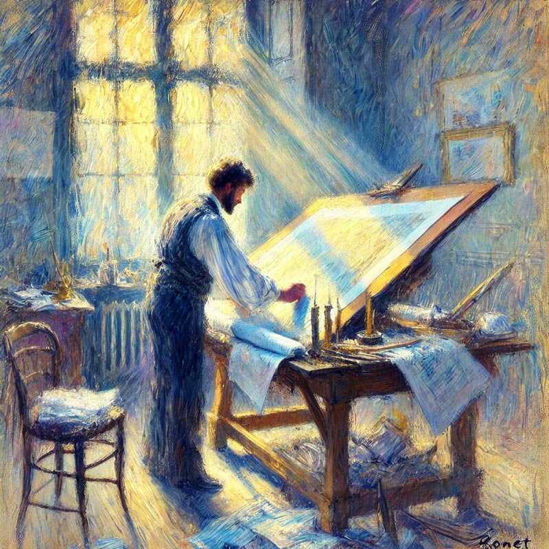 An impressionistic painting of a man with dark hair and a beard, dressed in a white shirt and dark vest, standing at a large drafting table by a sunlit window. He appears to be working on a large blueprint or drawing. Rays of light stream through the window, illuminating dust motes in the air. The room and background are rendered with thick, textured brushstrokes in shades of blue and yellow.