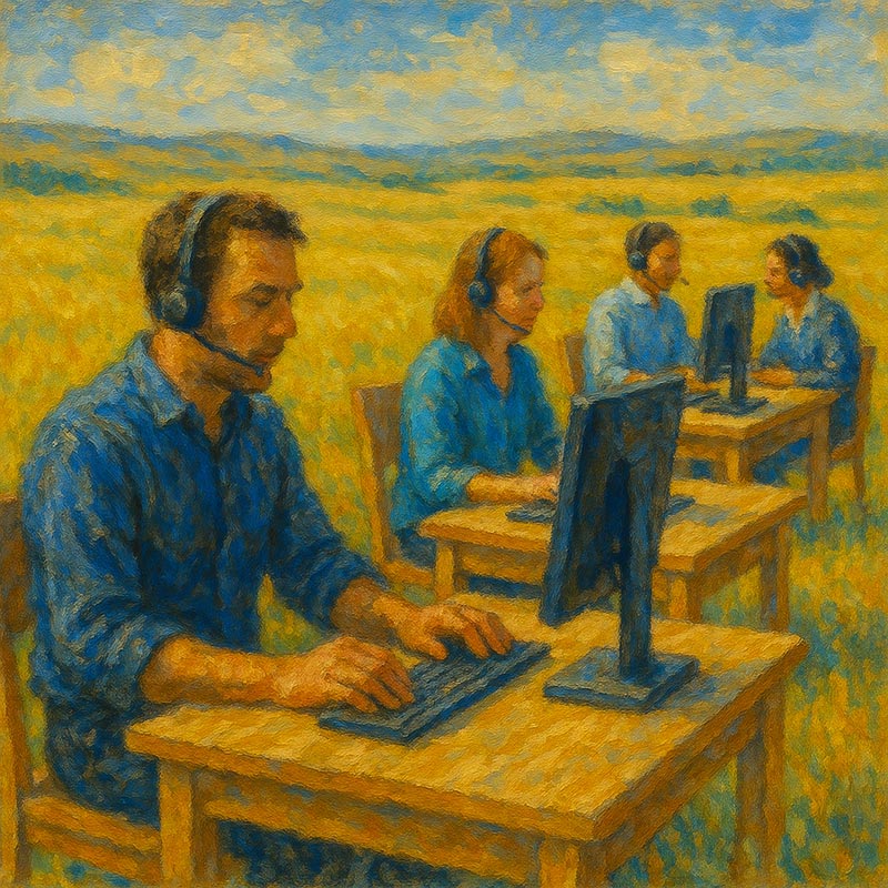 An impressionistic painting of four people, likely in a call center or remote work setting, sitting at individual desks with computers in an open field under a blue sky. The foreground shows a man in a blue shirt with a headset, typing on a keyboard. In the background, three other individuals, also wearing headsets, are visible at their desks. The field is painted in vibrant yellow and green tones, suggesting a sunny day.