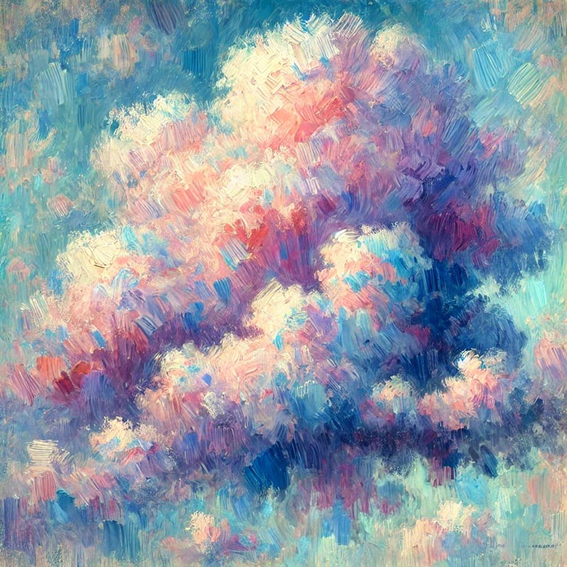 An impressionistic painting of a large, fluffy cloud in shades of pink, purple, and blue, with bright highlights of white and yellow, set against a turquoise and light blue sky. The brushstrokes are thick and visible, giving the cloud a textured and vibrant appearance.