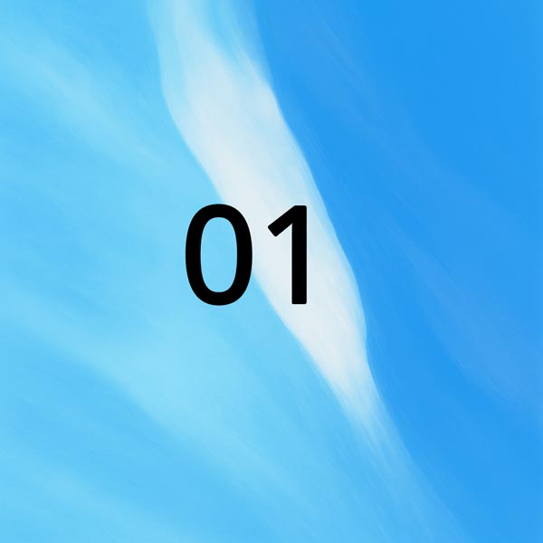 The number "01" in dark gray text, centered on a dynamic, watercolor-textured background of light and dark blue swirls.