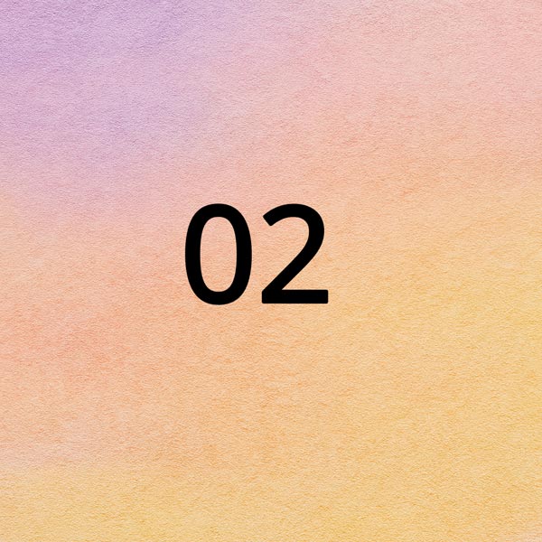 The number "02" in dark gray text, centered on a watercolor-textured background transitioning from light purple at the top to light orange at the bottom.