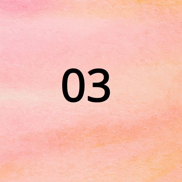 The number "03" in dark gray text, centered on a watercolor-textured background of soft pink and peach tones.