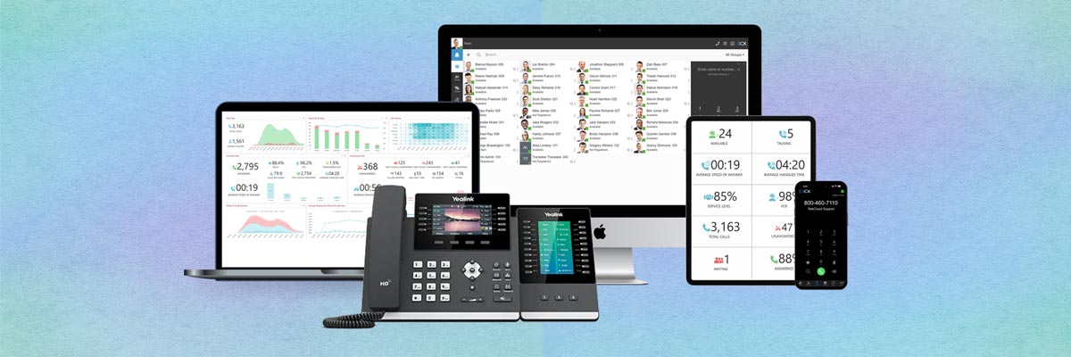 A collection of various communication and data management devices, including a laptop displaying charts and graphs, a large desktop monitor showing a list of contacts or call center agents, a pair of modern desk phones, a tablet displaying call statistics and a call queue, and a smartphone with a dial pad, all arranged on a gradient background that shifts from blue on the left to light green on the right.