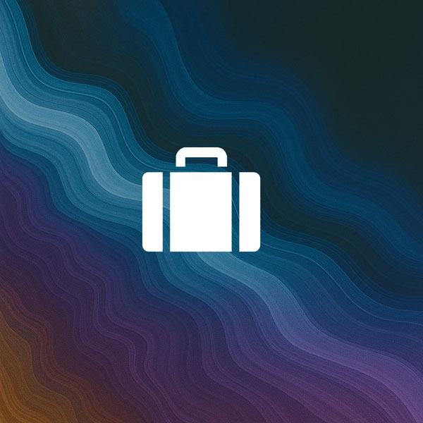 A white briefcase icon over a swirling blue and purple abstract background.